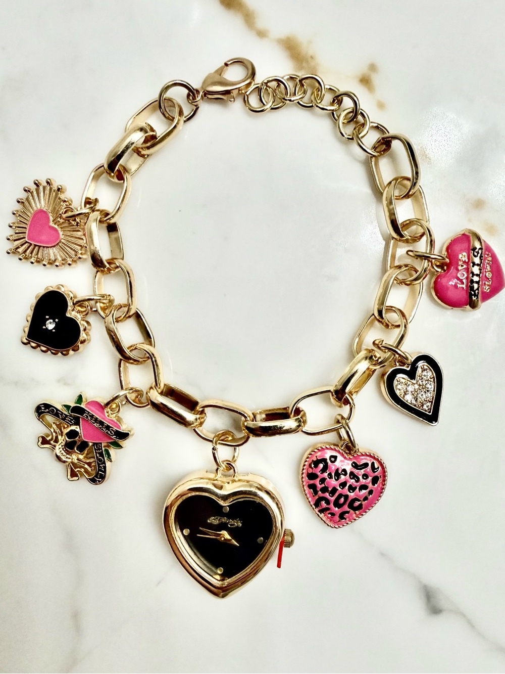 Ed Hardy Gold-Tone Heart Charm Bracelet with Pink and Black Accents 2 left